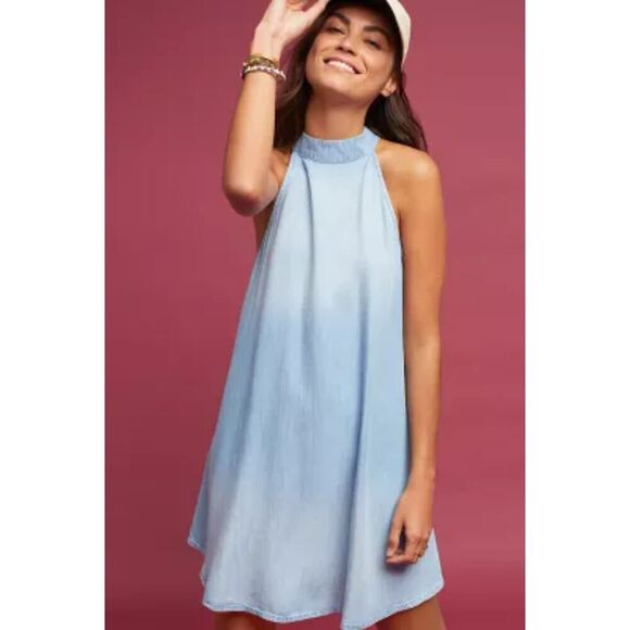 CLOTH & STONE Blue Chambray High Neck Lightweight Swing Shift Mini Dress Size XS - Picture 1 of 9